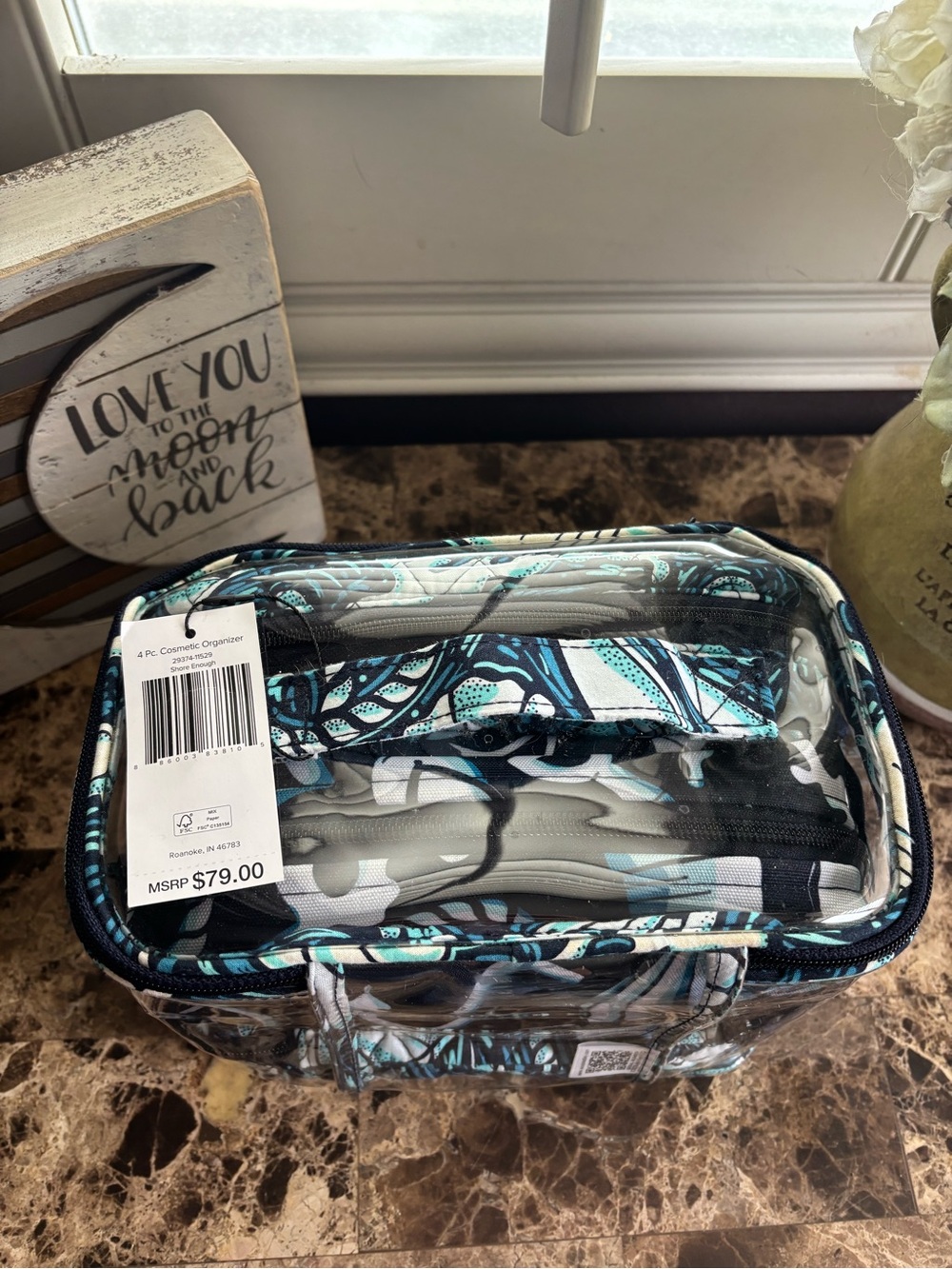 Vera Bradley Clear Cosmetic Organizer in Teal Black White